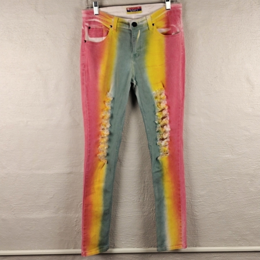 Go Glory Pink Yellow Tie-Dye Mid Rise Button Zip Ripped Skinny Colored Jeans - Picture 16 of 16